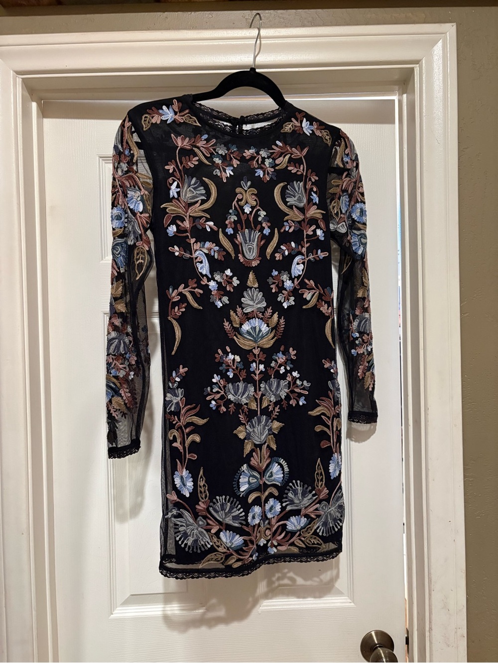 Free People Black Embroidered Mesh Long-Sleeve Dress